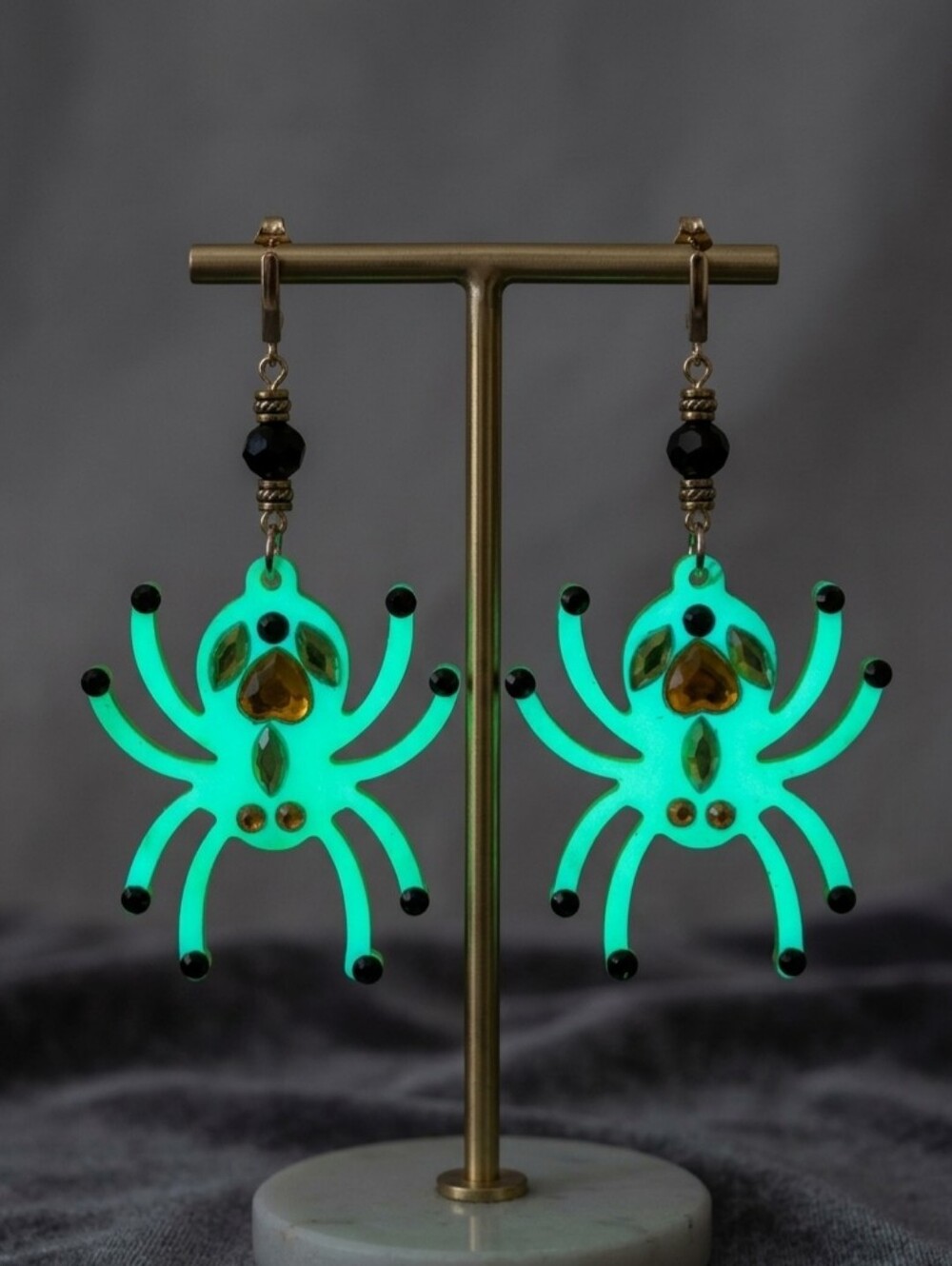 Glow in the Dark Spider Earrings | Rhinestone Beaded Halloween Statement Dangles